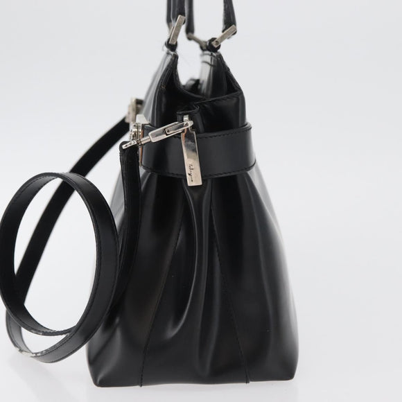 Salvatore Ferragamo Gancini Hand Bag Leather 2way Black Silver Auth ka4192