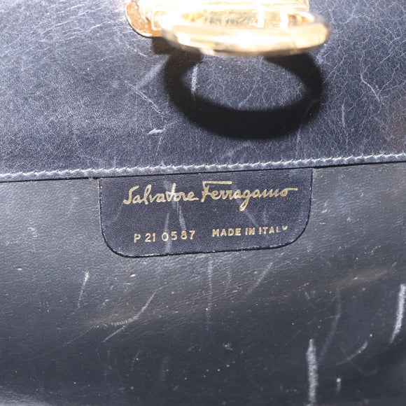 Salvatore Ferragamo Gancini Chain Shoulder Bag Leather Black Gold Auth ka4202