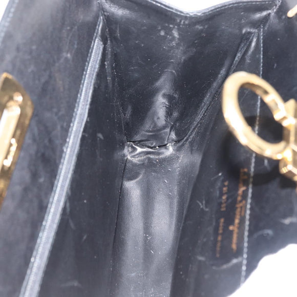 Salvatore Ferragamo Gancini Chain Shoulder Bag Leather Black Gold Auth ka4202