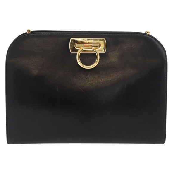 Salvatore Ferragamo Gancini Chain Shoulder Bag Leather Black Gold Auth ka4202