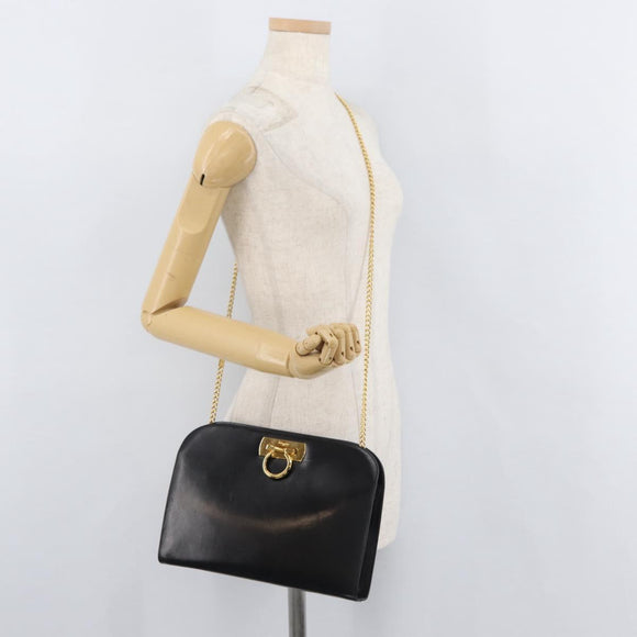Salvatore Ferragamo Gancini Chain Shoulder Bag Leather Black Gold Auth ka4202