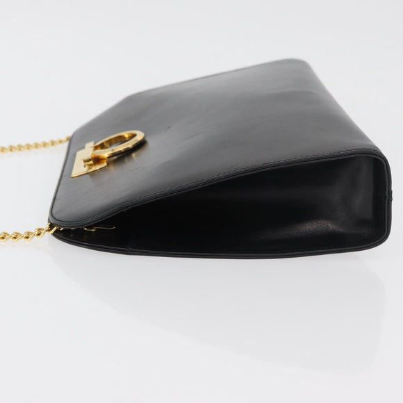 Salvatore Ferragamo Gancini Chain Shoulder Bag Leather Black Gold Auth ka4202