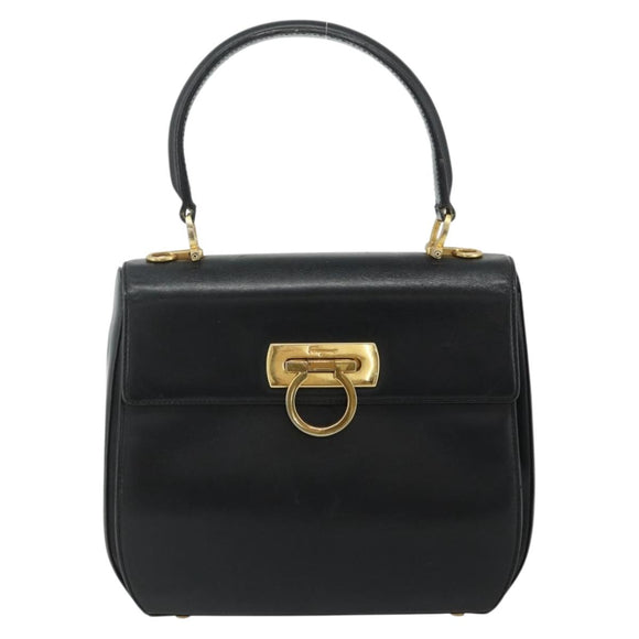 Salvatore Ferragamo Gancini Hand Bag Leather 2way Black Gold Auth ka4209