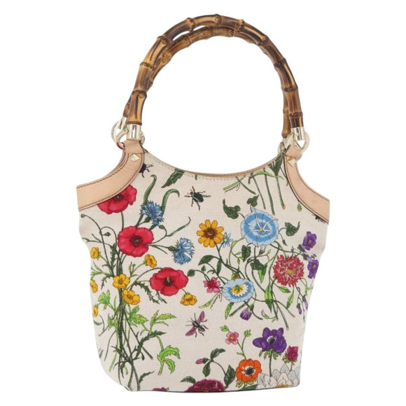 GUCCI Flora Bamboo Hand Bag Canvas Multicolor Gold 140203 Auth ka4212A