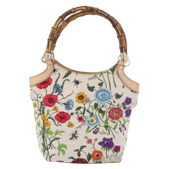 GUCCI Flora Bamboo Hand Bag Canvas Multicolor Gold 140203 Auth ka4212A