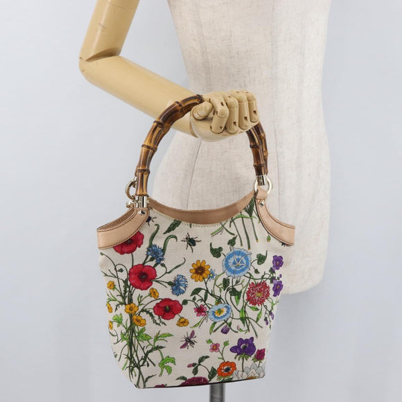 GUCCI Flora Bamboo Hand Bag Canvas Multicolor Gold 140203 Auth ka4212A