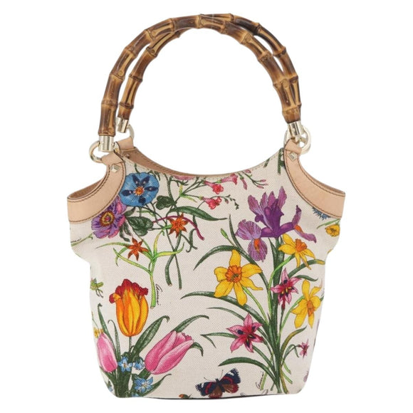 GUCCI Flora Bamboo Hand Bag Canvas Multicolor Gold 140203 Auth ka4212A