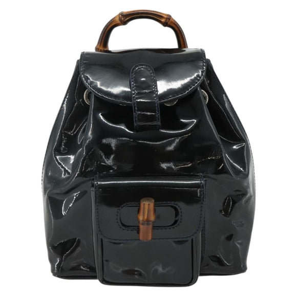 GUCCI Bamboo Backpack Patent leather Navy Silver 005 781 0319 Auth ka4216A