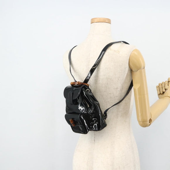 GUCCI Bamboo Backpack Patent leather Navy Silver 005 781 0319 Auth ka4216A