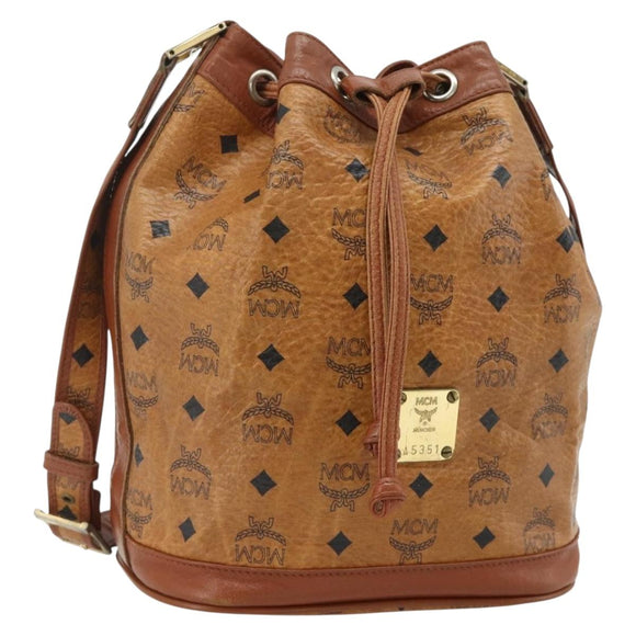 MCM Vicetos Logogram Drawstring Bag Bag PVC Leather Brown Gold Auth ka4224A