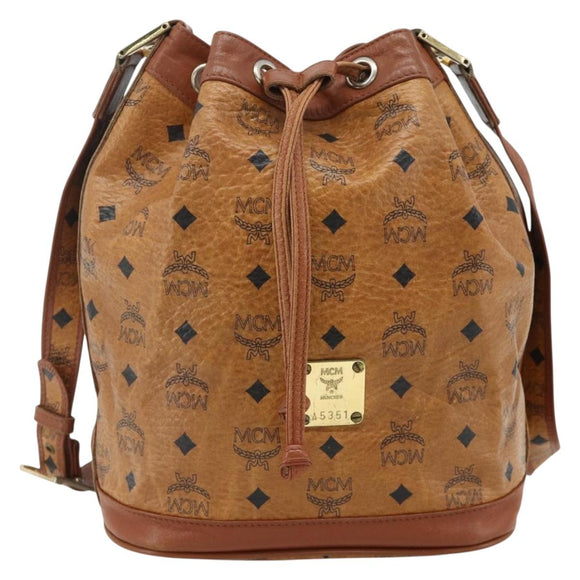 MCM Vicetos Logogram Drawstring Bag Bag PVC Leather Brown Gold Auth ka4224A