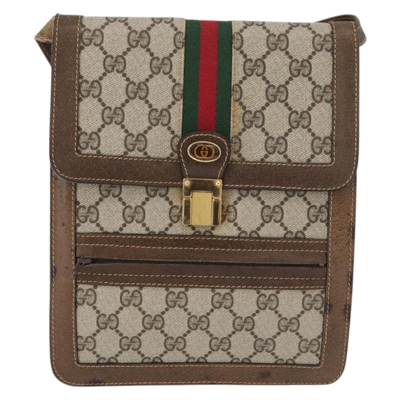 GUCCI GG Supreme Web Sherry Line Shoulder Bag PVC Beige Gold Red Auth ka4225