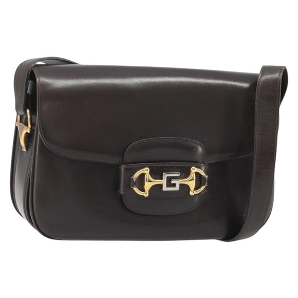 GUCCI Shoulder Bag Leather Brown Gold Auth ka4228