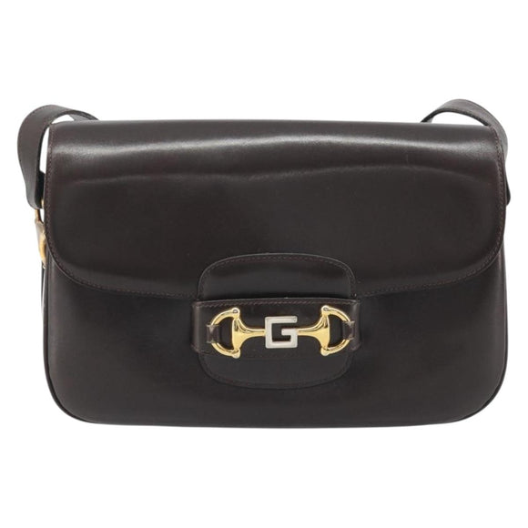 GUCCI Shoulder Bag Leather Brown Gold Auth ka4228