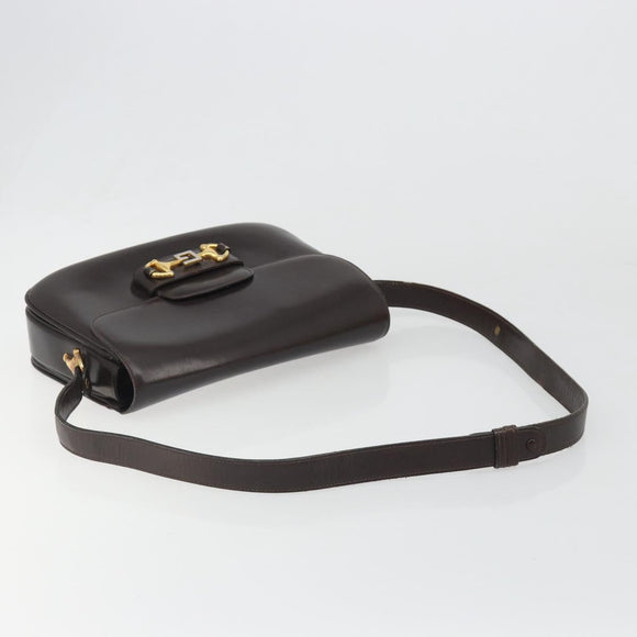 GUCCI Shoulder Bag Leather Brown Gold Auth ka4228
