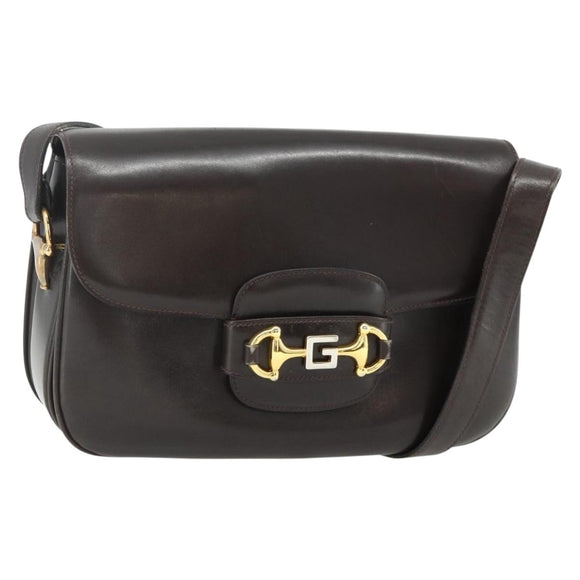 GUCCI Shoulder Bag Leather Brown Gold Auth ka4228A