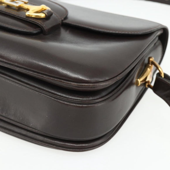 GUCCI Shoulder Bag Leather Brown Gold Auth ka4228A