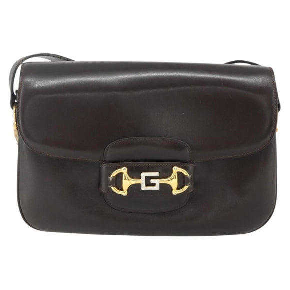 GUCCI Shoulder Bag Leather Brown Gold Auth ka4228A