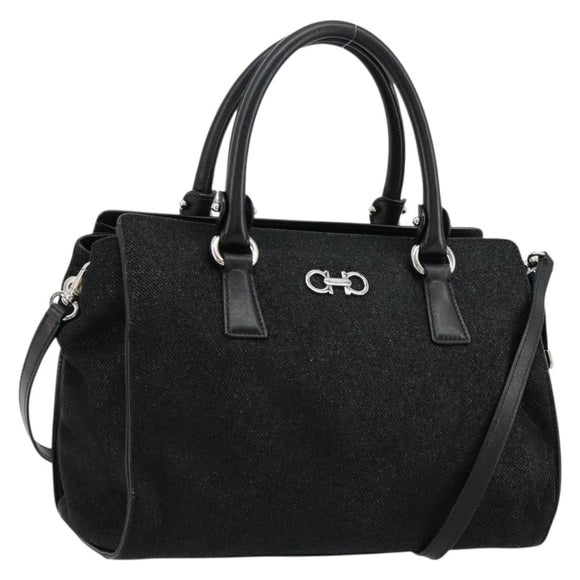 Salvatore Ferragamo Gancini Bag Canvas Leather 2way Black Silver Auth ka4262A