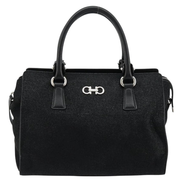 Salvatore Ferragamo Gancini Bag Canvas Leather 2way Black Silver Auth ka4262A