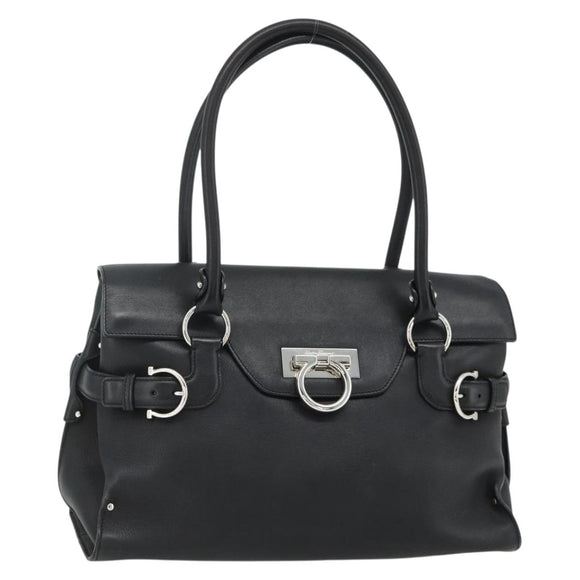 Salvatore Ferragamo Gancini Shoulder Bag Leather Black Silver Auth ka4272A