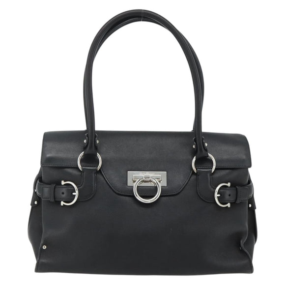 Salvatore Ferragamo Gancini Shoulder Bag Leather Black Silver Auth ka4272A