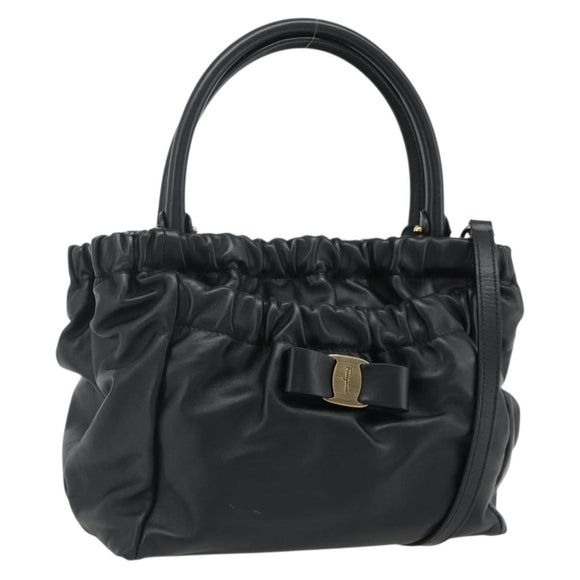 Salvatore Ferragamo Vala Hand Bag Leather 2way Black Gold Auth ka4273A
