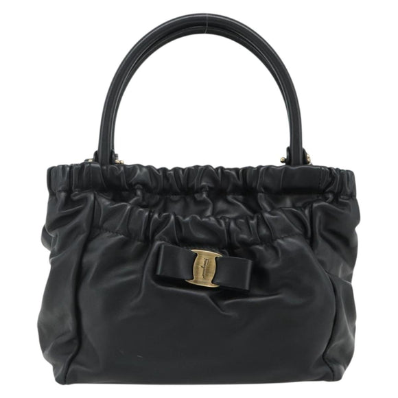 Salvatore Ferragamo Vala Hand Bag Leather 2way Black Gold Auth ka4273A
