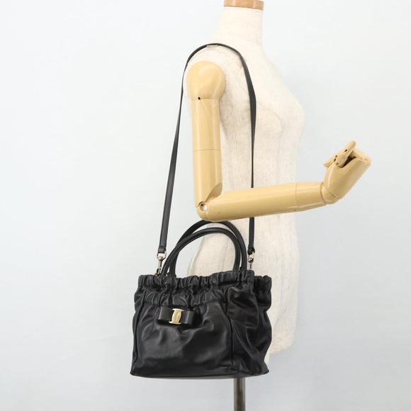 Salvatore Ferragamo Vala Hand Bag Leather 2way Black Gold Auth ka4273A