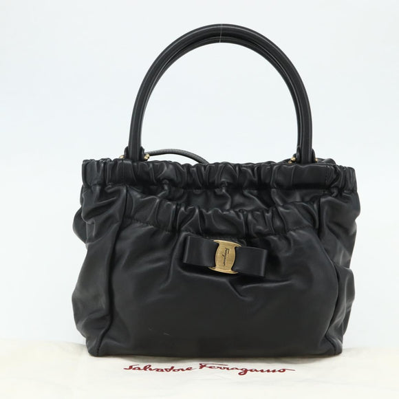 Salvatore Ferragamo Vala Hand Bag Leather 2way Black Gold Auth ka4273A