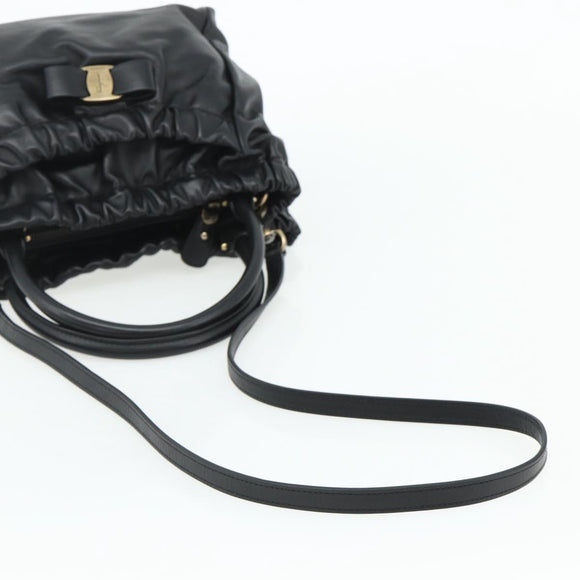 Salvatore Ferragamo Vala Hand Bag Leather 2way Black Gold Auth ka4273A