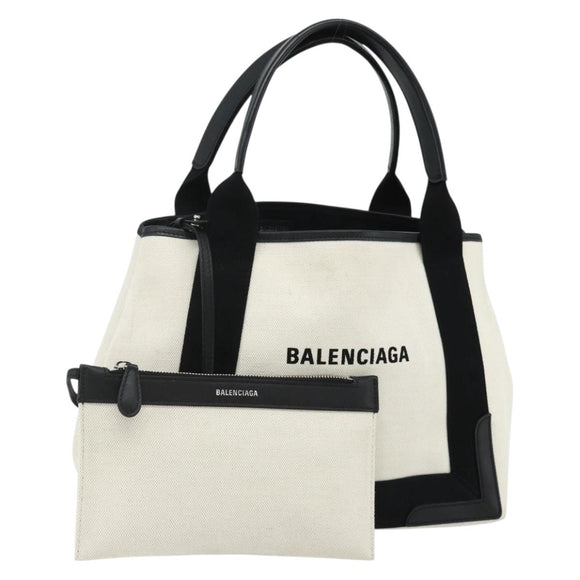 BALENCIAGA Navy Cabas S Bag Canvas Leather White Silver 339933 Auth ka4276A
