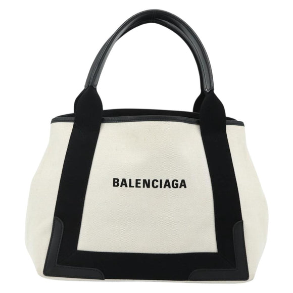 BALENCIAGA Navy Cabas S Bag Canvas Leather White Silver 339933 Auth ka4276A