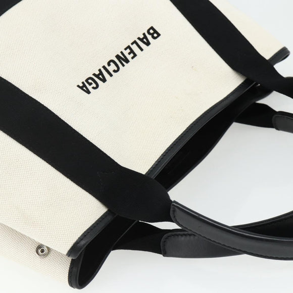 BALENCIAGA Navy Cabas S Bag Canvas Leather White Silver 339933 Auth ka4276A