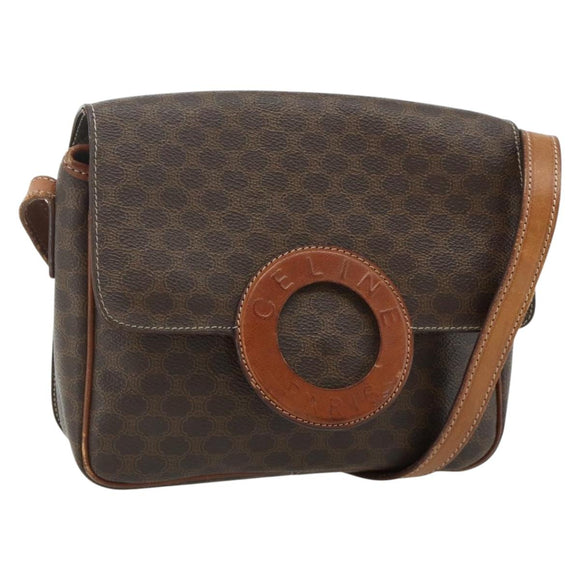 CELINE Macadam Canvas Shoulder Bag PVC Leather Brown Gold Auth ka4327