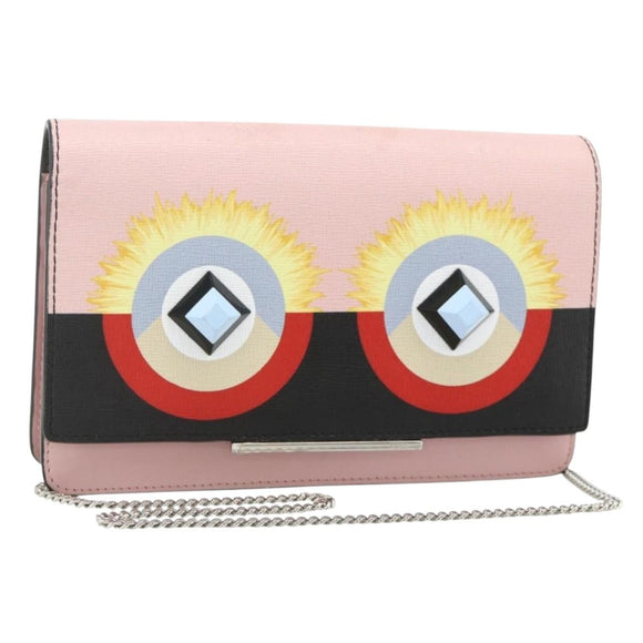 FENDI Ketten-Geldbörse Monster Umhängetasche Leder Pink Silber Auth ka4337A
