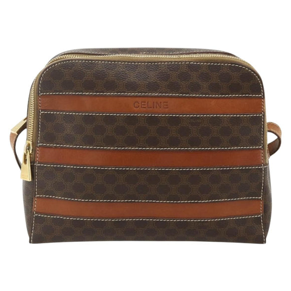 CELINE Macadam Canvas Shoulder Bag PVC Leather Brown Gold Auth ka4342