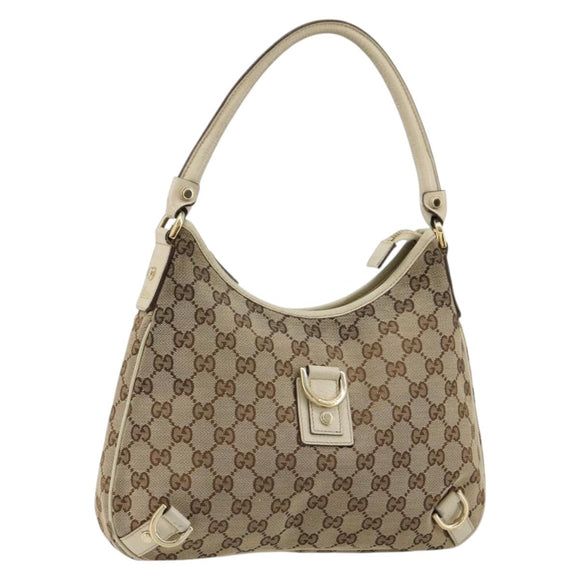 GUCCI GG Canvas Abbey Shoulder Bag Leather Beige Gold 130738 Auth ka4349