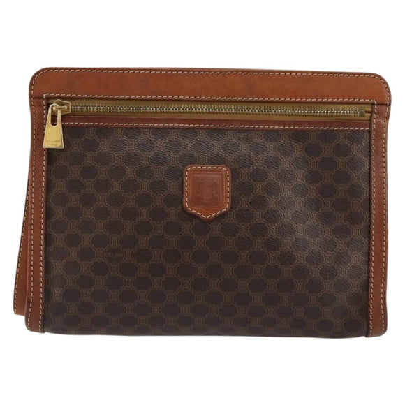 CELINE Macadam Canvas Clutch Bag PVC Leather Brown Gold Auth ka4359