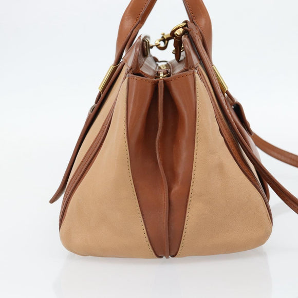 Chloe Alice Handtas Leer 2-weg Bruin Goud beige Auth ka4362