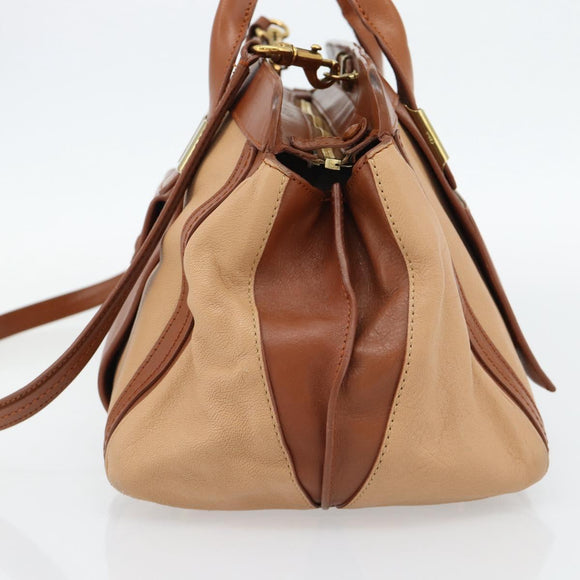 Chloe Alice Handtas Leer 2-weg Bruin Goud beige Auth ka4362