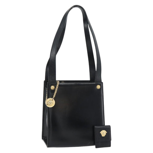Gianni Versace Schoudertas Leer Zwart Goud Auth ka4376A