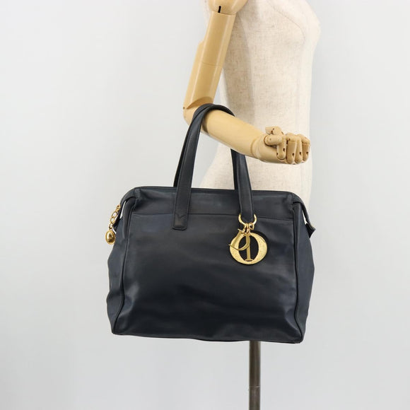 Christian Dior Handtas Leer Navy Goud Auth ka4387A