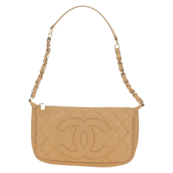 CHANEL Chain Shoulder Bag Caviar Skin Beige Gold CC Auth ka4405V