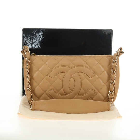 CHANEL Chain Shoulder Bag Caviar Skin Beige Gold CC Auth ka4405V