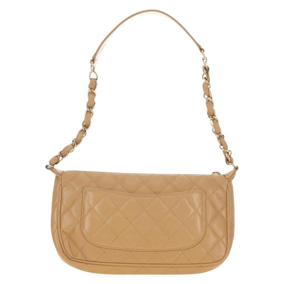 CHANEL Chain Shoulder Bag Caviar Skin Beige Gold CC Auth ka4405V