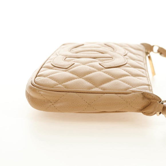CHANEL Chain Shoulder Bag Caviar Skin Beige Gold CC Auth ka4405V