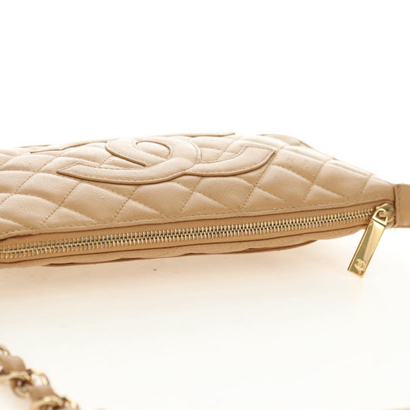 CHANEL Chain Shoulder Bag Caviar Skin Beige Gold CC Auth ka4405V