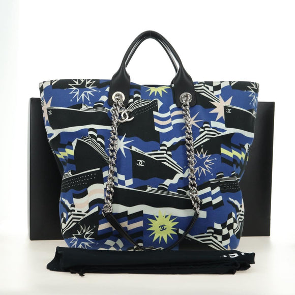 CHANEL La Pauza Hand Bag Canvas Leather 2way Blue Silver CC Auth ka4406SM