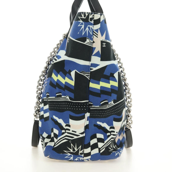 CHANEL La Pauza Hand Bag Canvas Leather 2way Blue Silver CC Auth ka4406SM